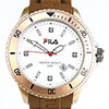 Fila Sportuhr braunes Kautschuk-Armband, weißes Ziffernblatt mit Zirkonia, goldfarbene Lünette