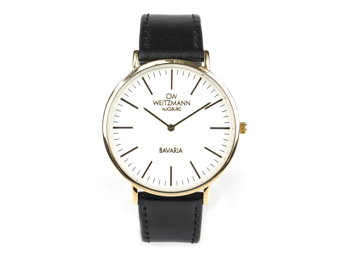 Bavaria Herren, superflache elegante Herren-Uhr, Gehäuse gold, Echtlederband schwarz