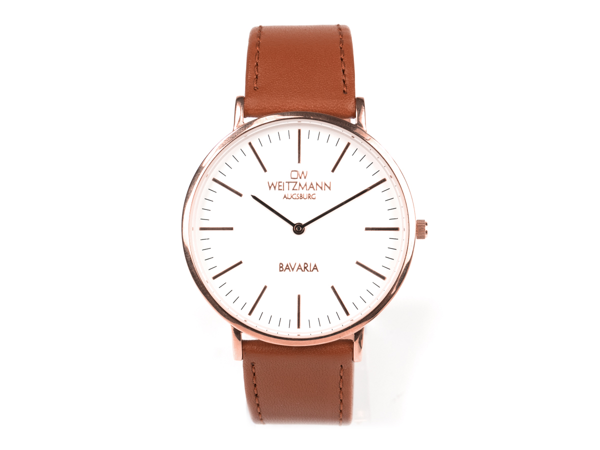 Bavaria Herren, superflache elegante Herren-Uhr, Gehäuse rotgold, Echtlederband braun