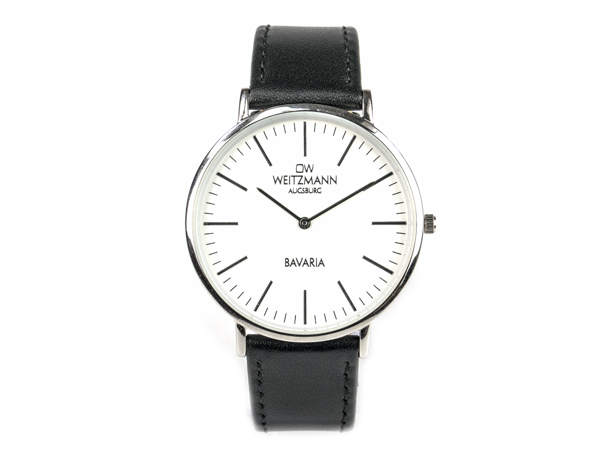 Bavaria Herren, superflache elegante Herren-Uhr, Gehäuse silber, Echtlederband schwarz