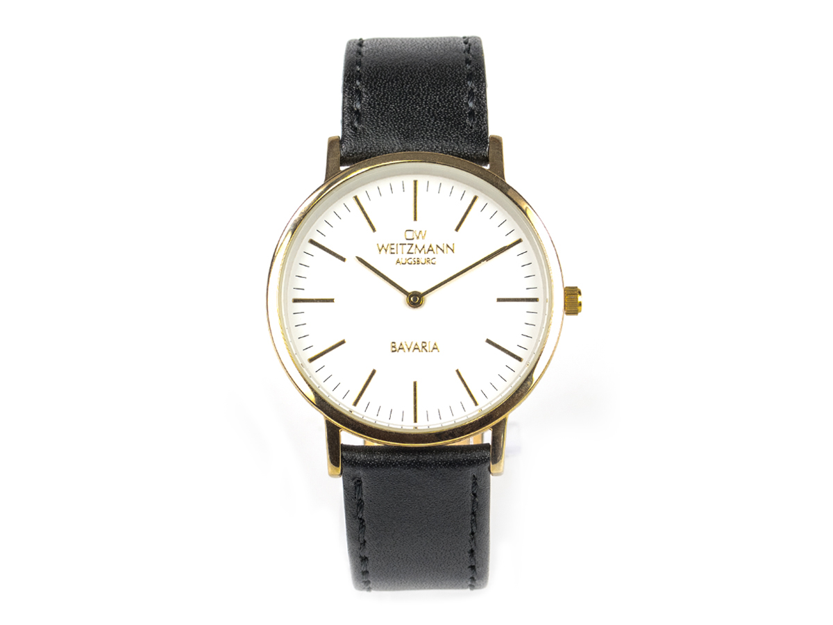 Bavaria Damen, superflache elegante Damen-Uhr, Gehäuse gold, Echtlederband schwarz