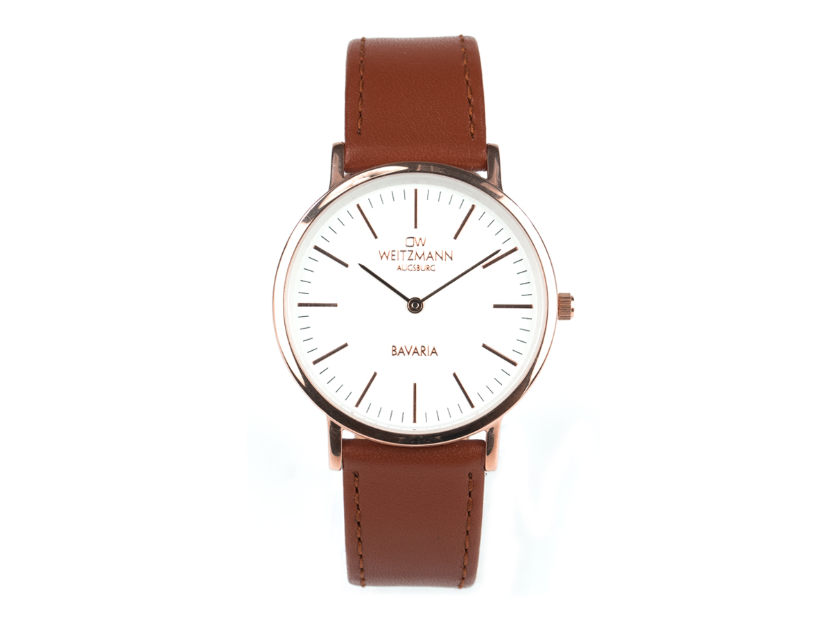 Bavaria Damen, superflache elegante Damen-Uhr, Gehäuse rotgold, Echtlederband braun