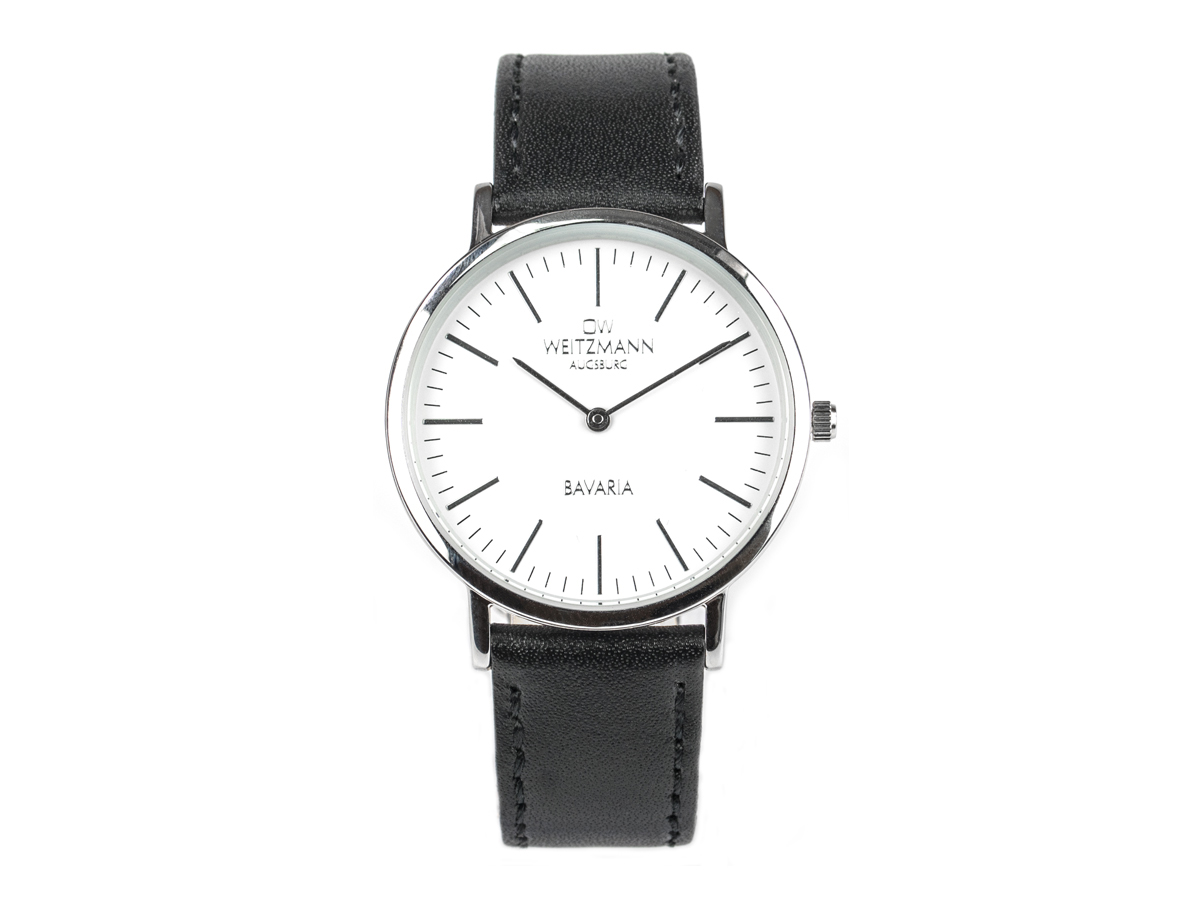 Bavaria Damen, superflache elegante Damen-Uhr, Gehäuse silber, Echtlederband schwarz