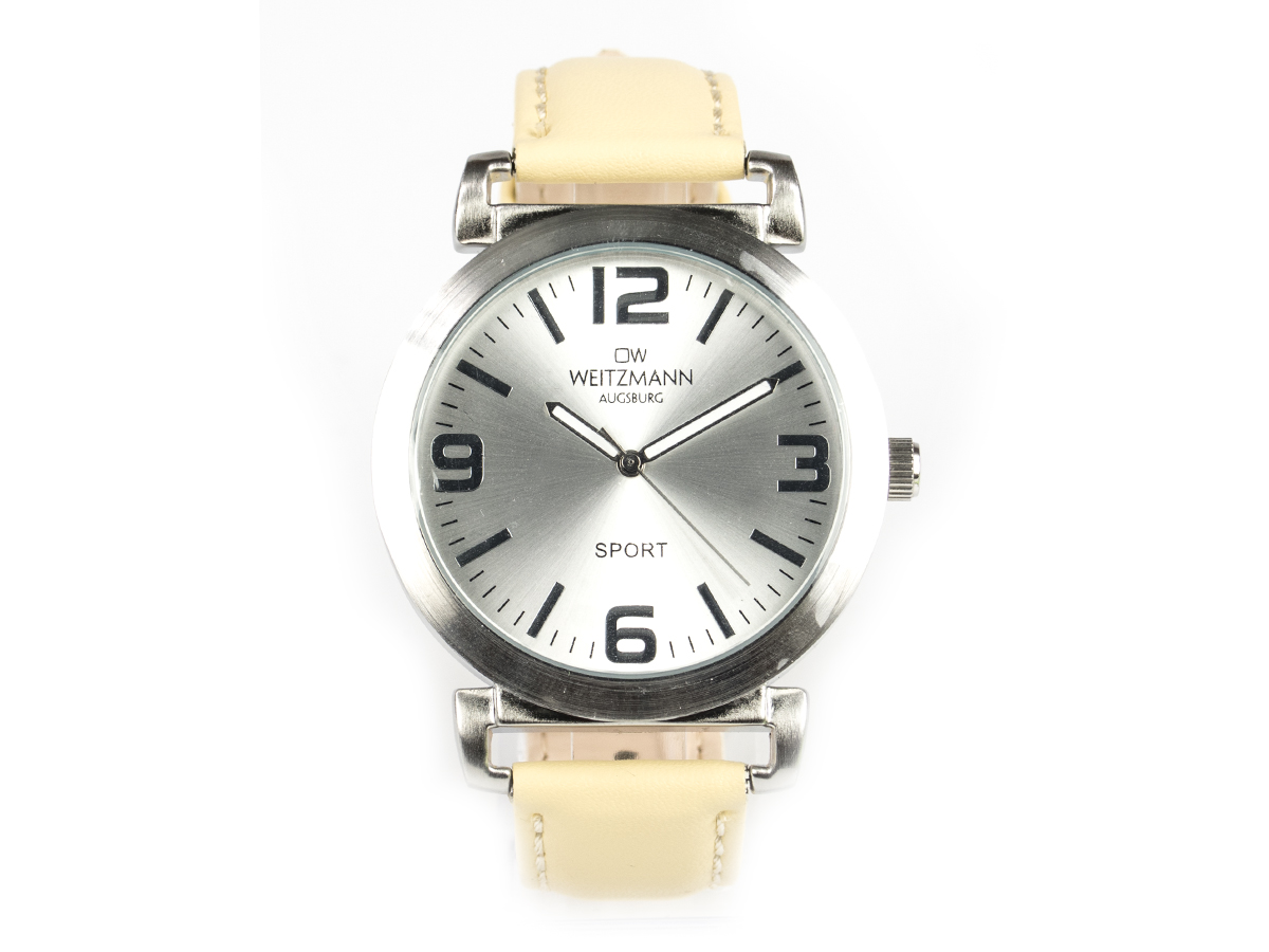 Sport, sportliche Unisex-Armbanduhr, mit silbernem Ziffernblatt, und creme Echtlederband