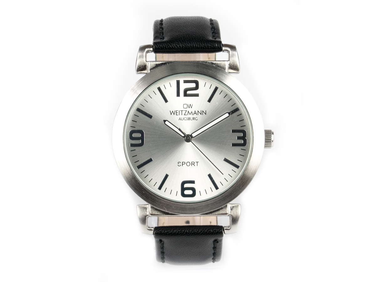 Sport, sportliche Unisex-Armbanduhr, mit silbernem Ziffernblatt, und schwarzem Echtlederband