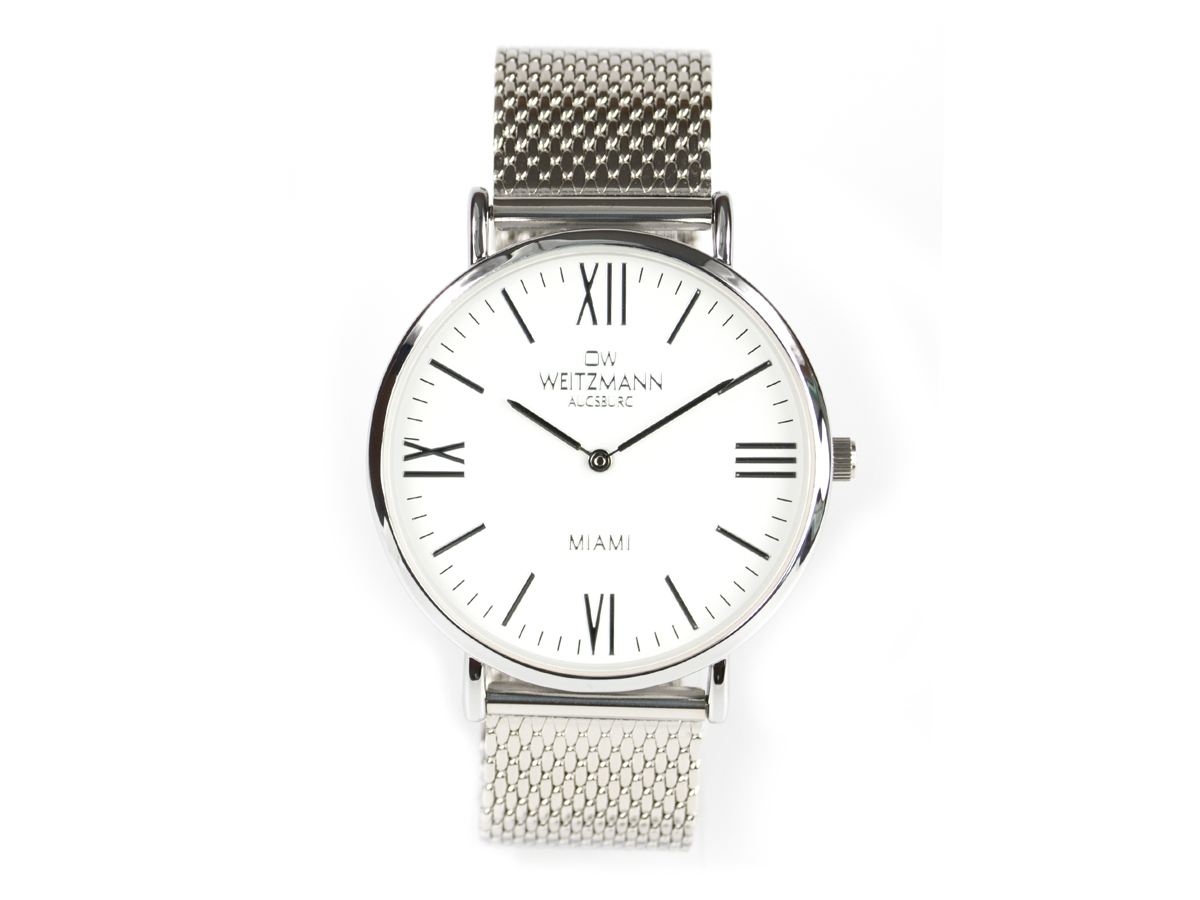 Miami, superflache Fashion-Uhr weiß, mit Milanaise-Edelstahlband