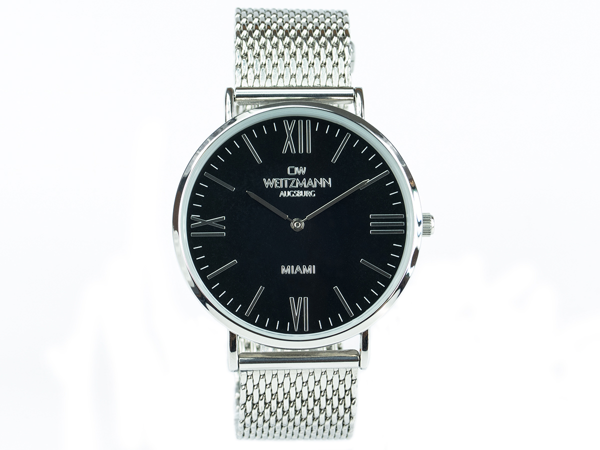 Miami, superflache Fashion-Uhr schwarz, mit Milanaise-Edelstahlband