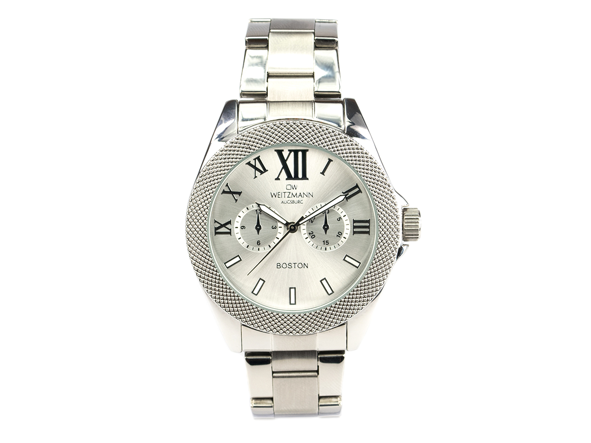 Boston, elegante Herren-Uhr, mit silbernem Zifferblatt, mit Edelstahlband