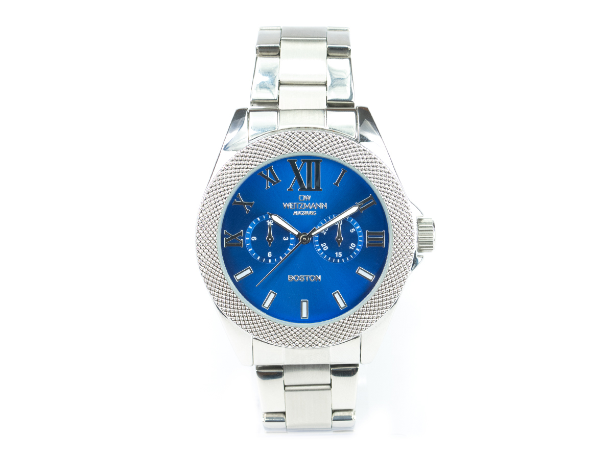 Boston, elegante Herren-Uhr, mit blauem Zifferblatt, mit Edelstahlband