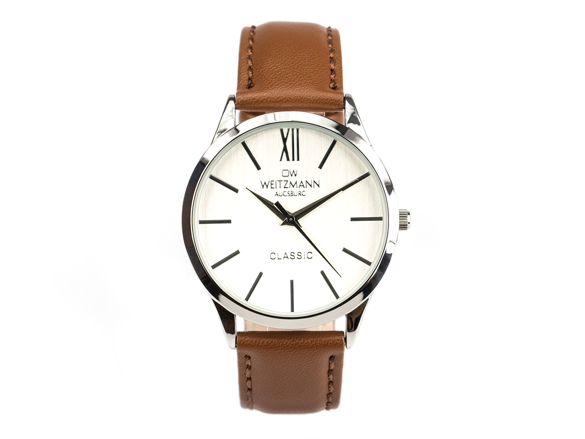 Classic, klassische Herren-Uhr, mit weißem Zifferblatt, Echtlederband braun