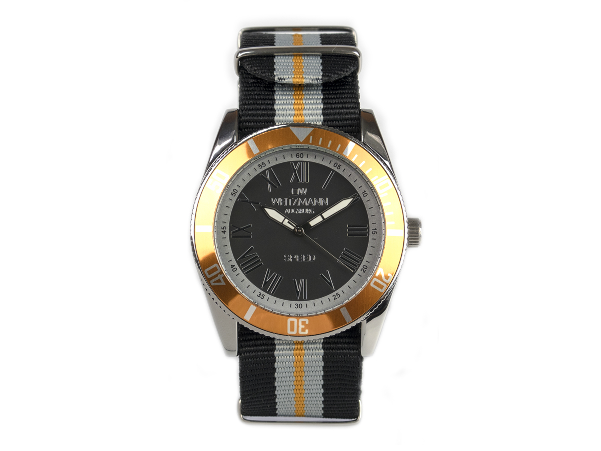 Speed, aktuelle Unisex Armband-Uhr, gestreiftes Natoband, orange Lünette