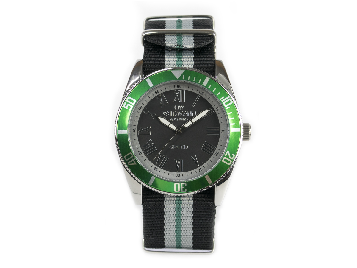 Speed, aktuelle Unisex Armband-Uhr, gestreiftes Natoband, grüne Lünette