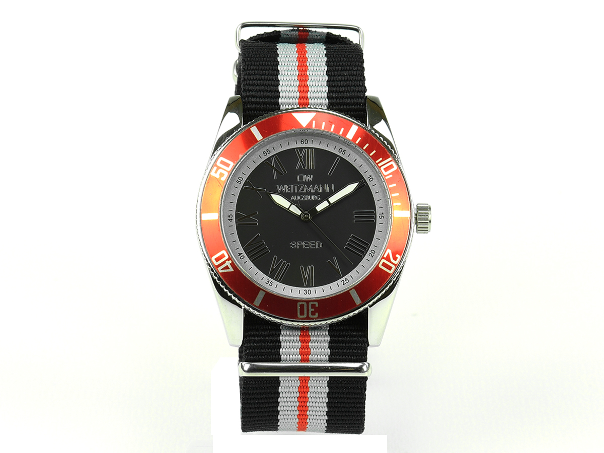 Speed, aktuelle Unisex Armband-Uhr, schwarz-gestreiftes Natoband, rote Lünette