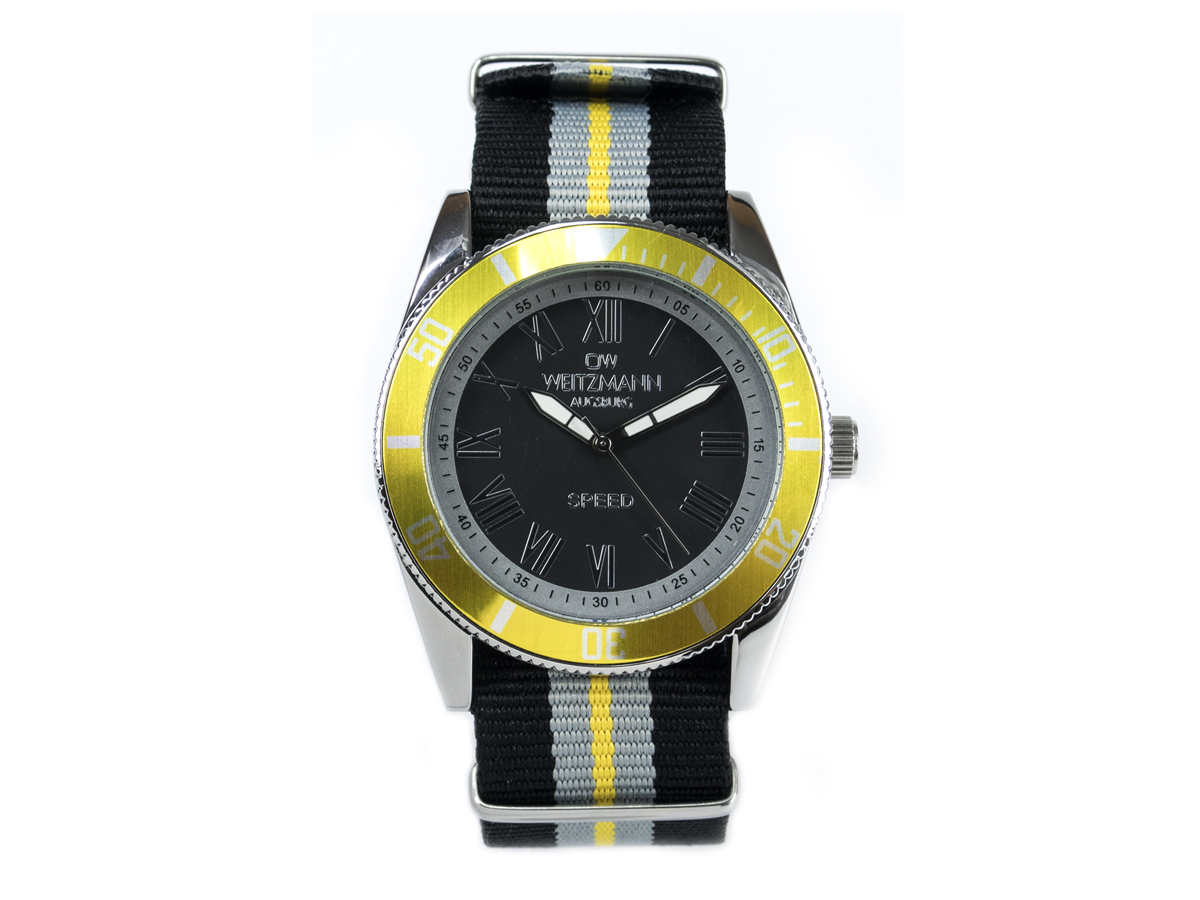Speed, aktuelle Unisex Armband-Uhr, gestreiftes Natoband, gelbe Lünette