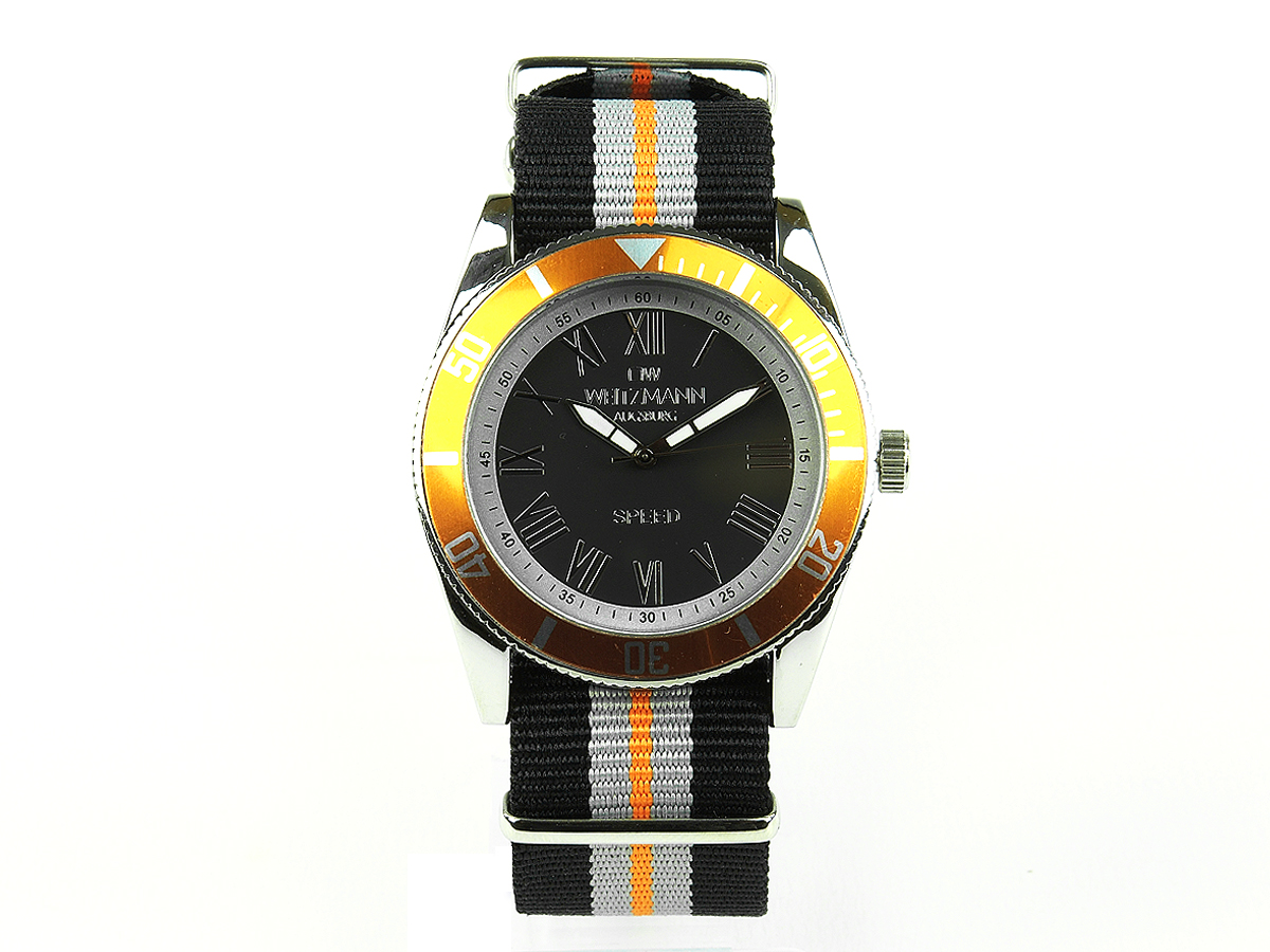 Speed, aktuelle Unisex Armband-Uhr, gestreiftes Natoband, gold Lünette