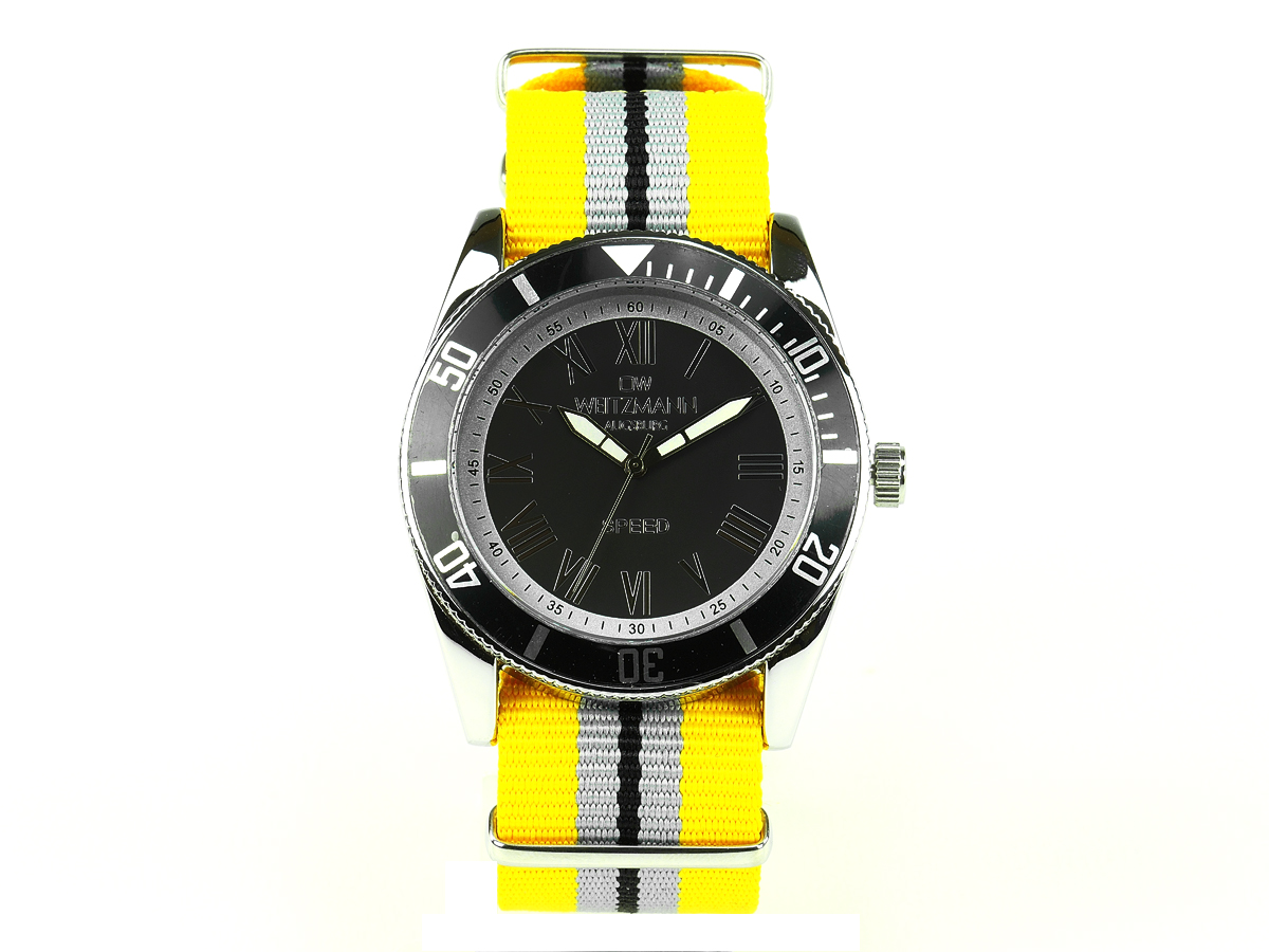 Speed, aktuelle Unisex Armband-Uhr, gestreiftes Natoband, schwarze Lünette