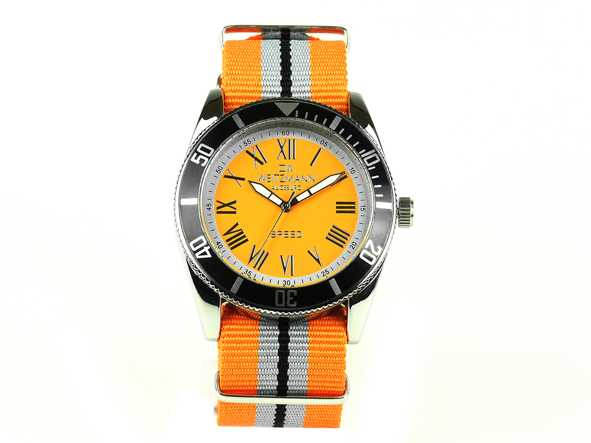 Speed, aktuelle Unisex Armband-Uhr, orange gestreiftes Natoband, schwarze Lünette