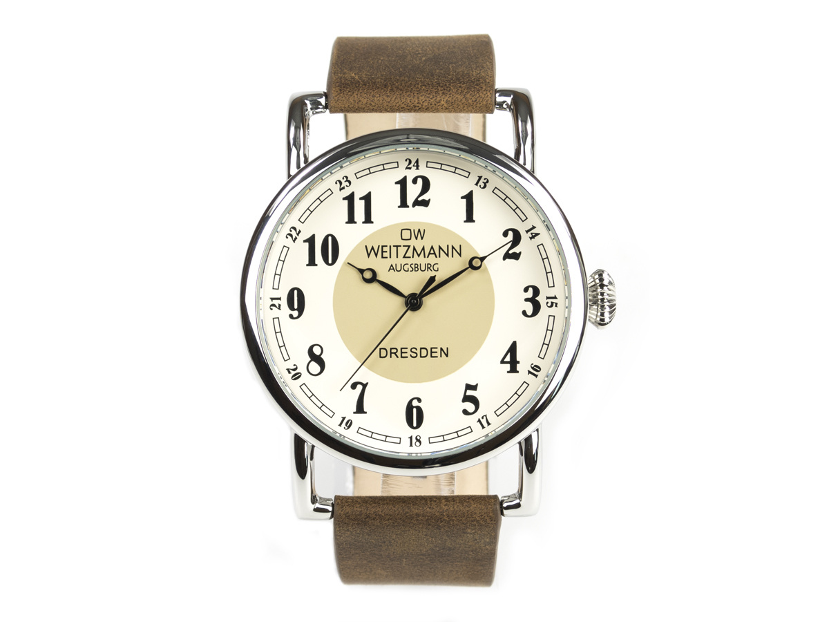 Dresden, nostalgische Vintage-Uhr, Echtlederband dunkelbraun