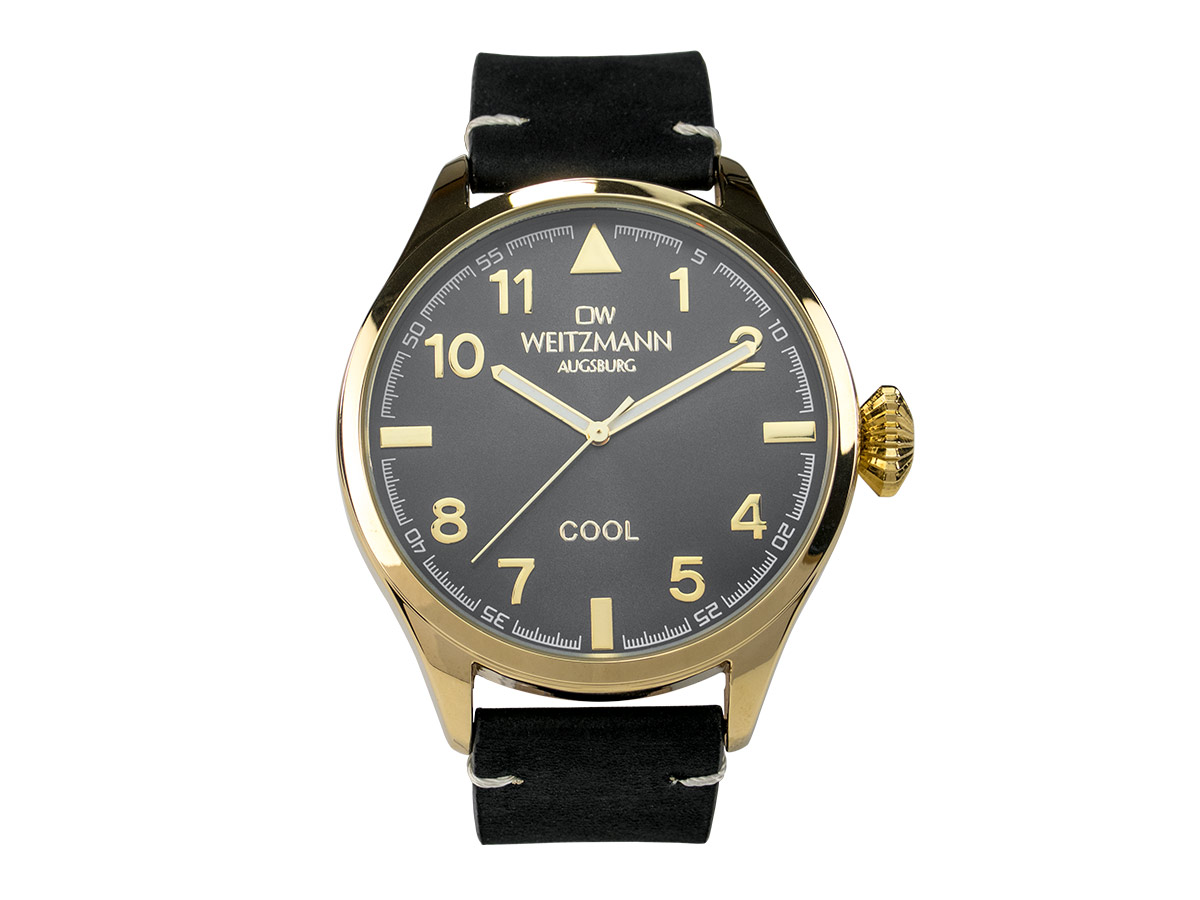 Cool, attraktive Trend-Uhr, gold, Echtlederband schwarz