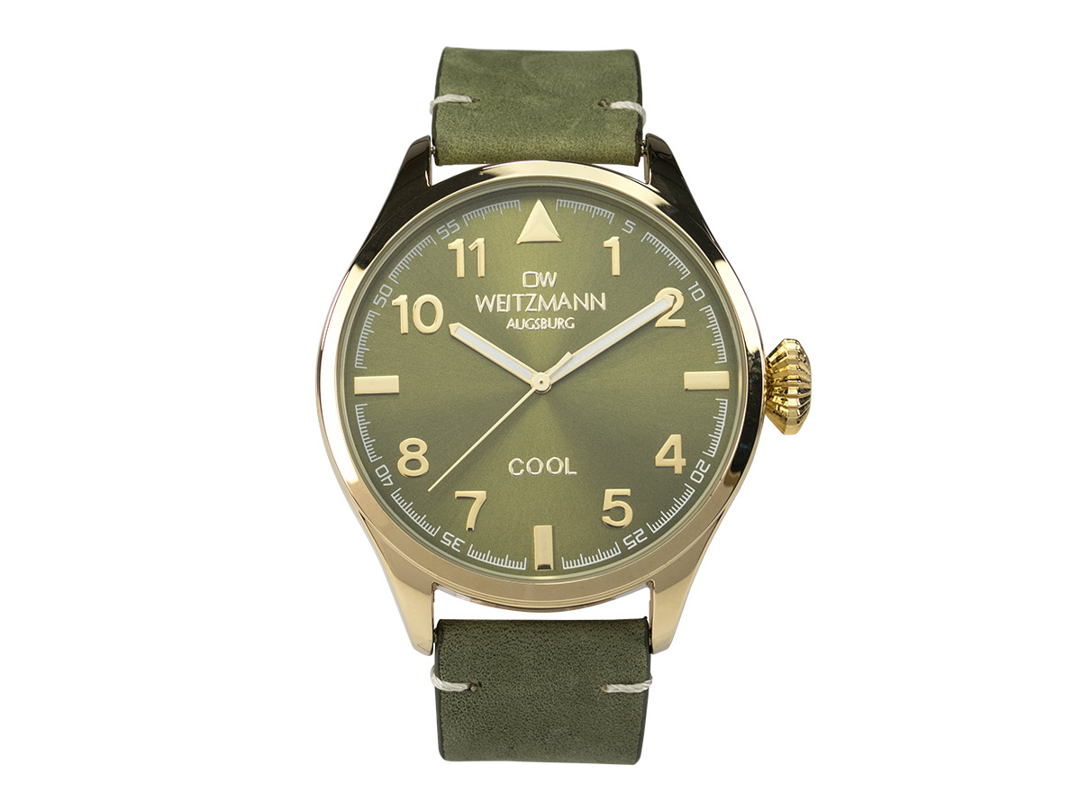 Cool, attraktive Trend-Uhr, gold, Echtlederband olive