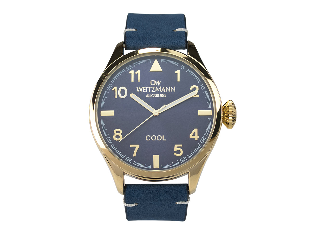 Cool , attraktive Trend-Uhr, gold, Echtlederband blau