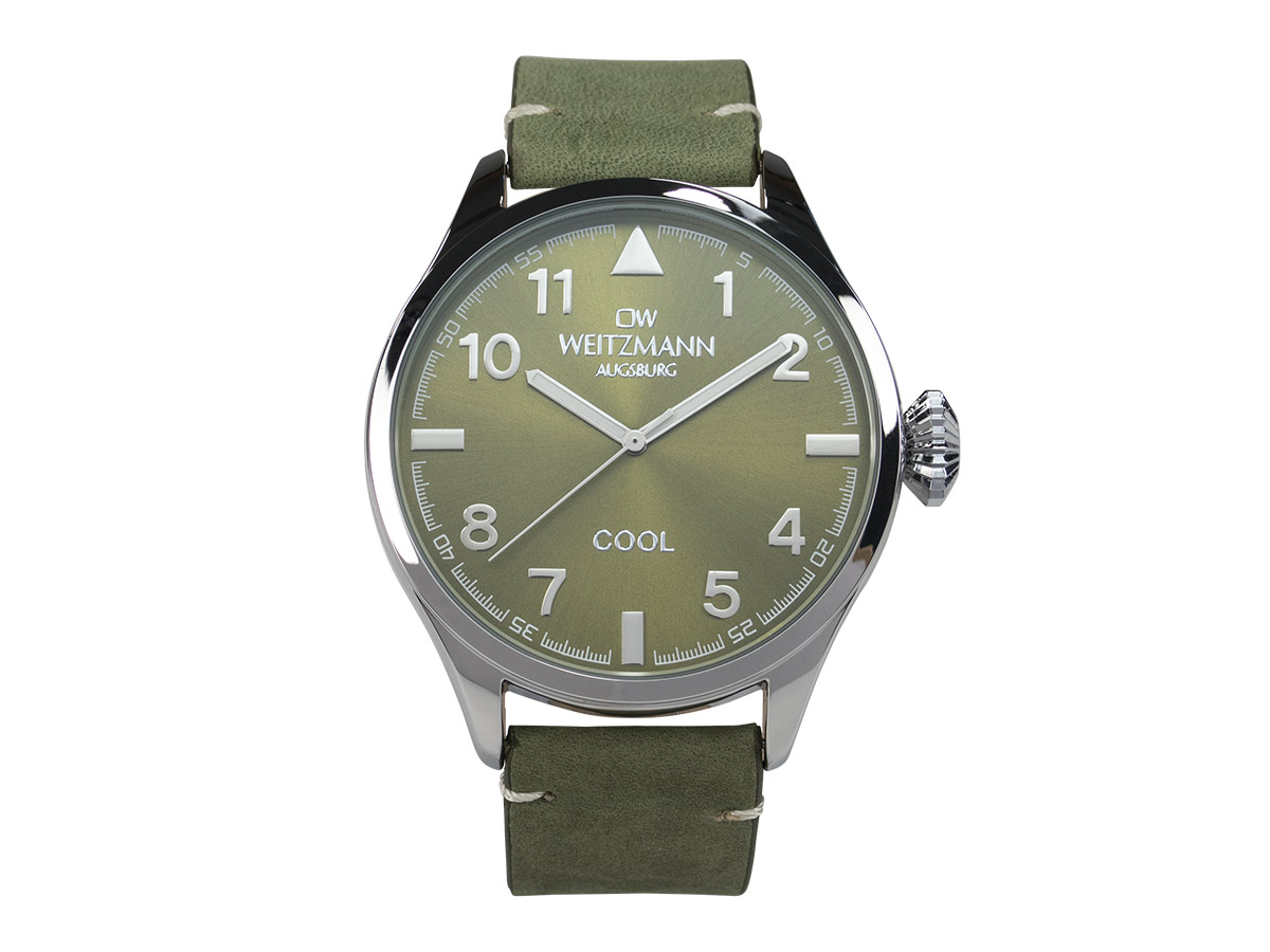 Cool, attraktive Trend-Uhr, silber, Echtlederband olive