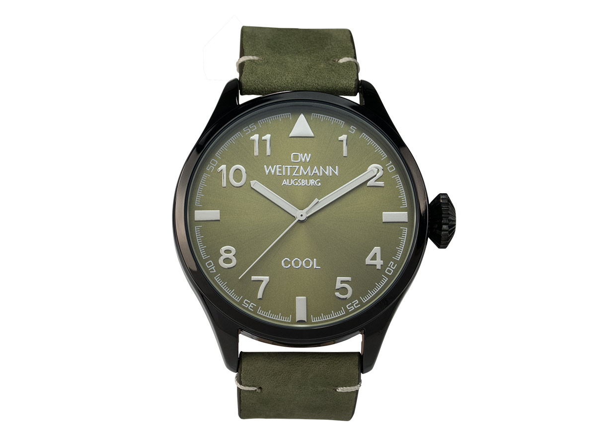Cool, attraktive Trend-Uhr, schwarz, Echtlederband olive