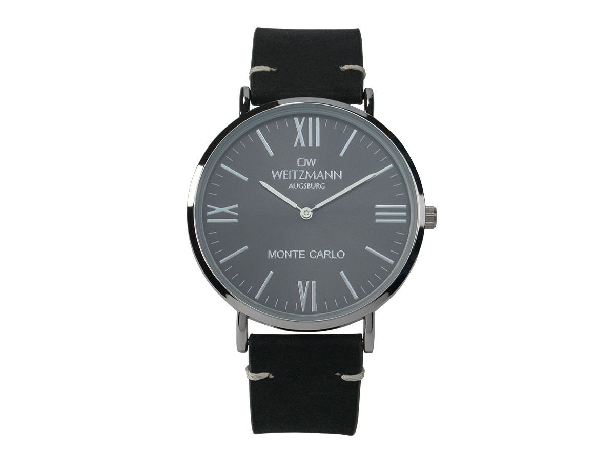 Monte Carlo, topaktuelle Mode-Uhr, mit schwarzem Zifferblatt, mit Echtlederband schwarz
