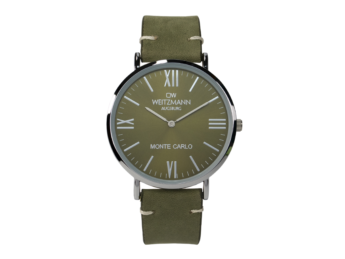 Monte Carlo, topaktuelle Mode-Uhr, mit grünem Zifferblatt, mit Echtlederband olive