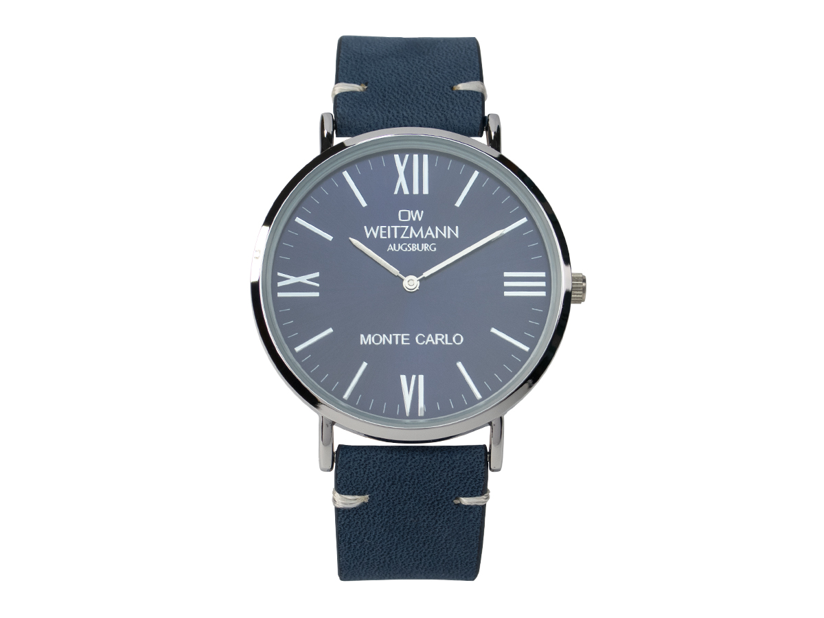 Monte Carlo, topaktuelle Mode-Uhr, mit blauem Zifferblatt, mit Echtlederband blau