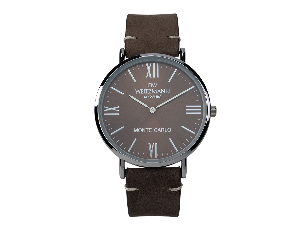 Monte Carlo, topaktuelle Mode-Uhr, mit braunem Zifferblatt, mit Echtlederband braun