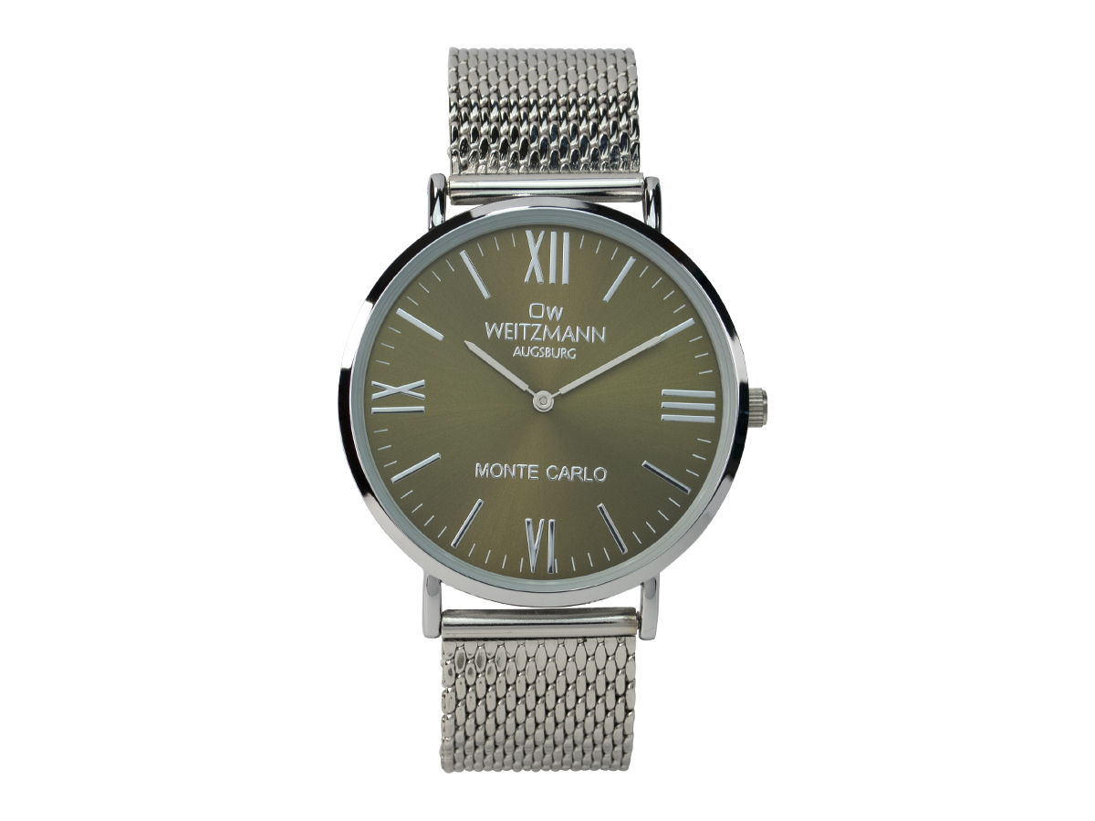 Monte Carlo, topaktuelle Mode-Uhr, mit olivgrünem Zifferblatt, mit Milanaise-Band