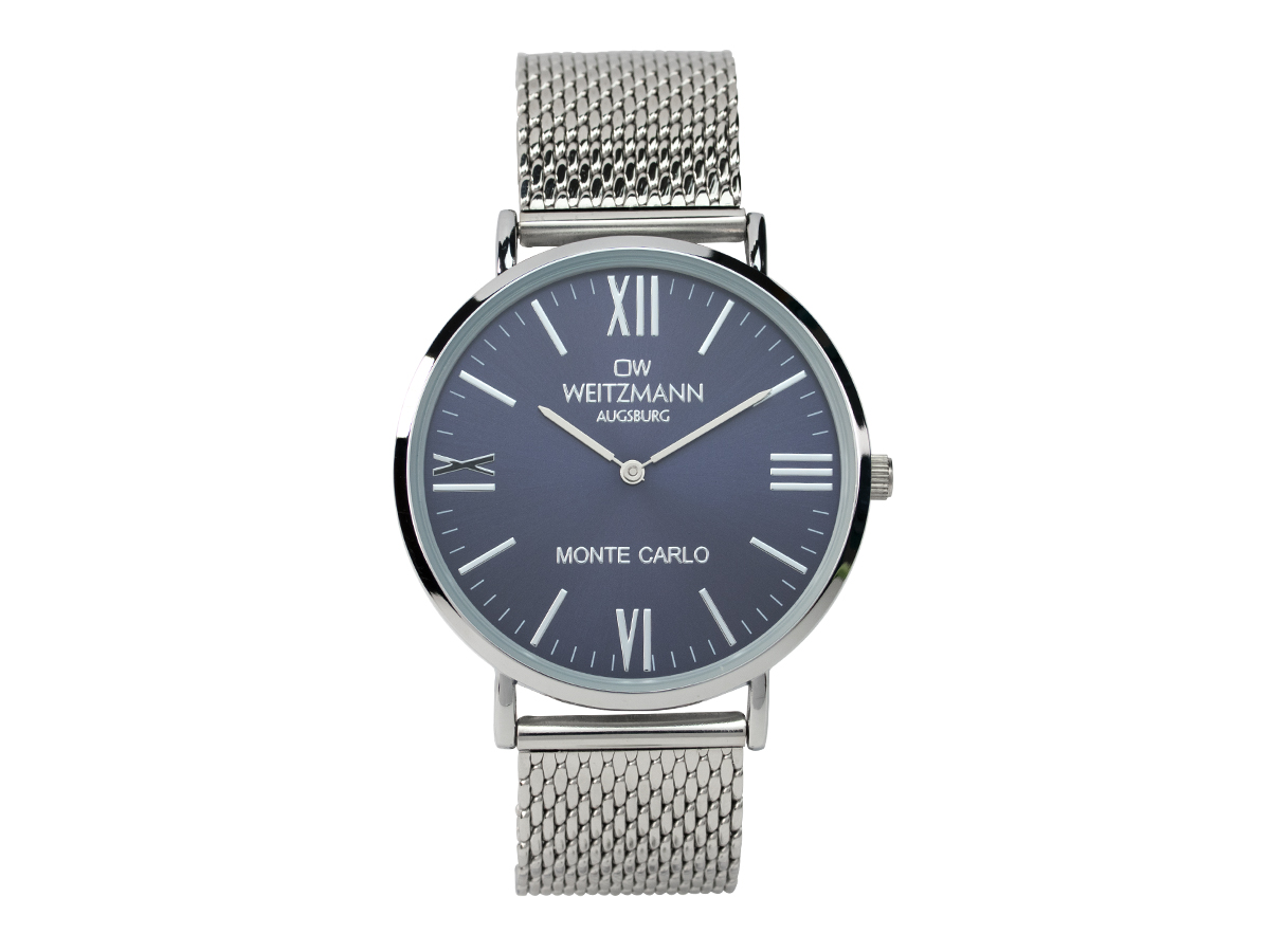 Monte Carlo, topaktuelle Mode-Uhr, mit blauem Zifferblatt, mit Milanaise-Band