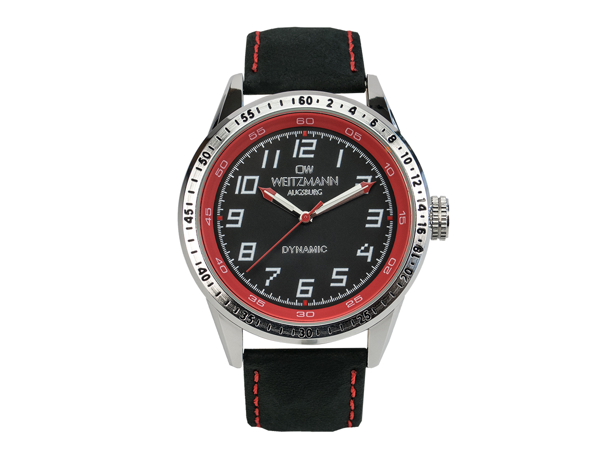 Dynamic, sportlich-elegante Herren-Uhr, schwarz/rot, Echtlederband schwarz