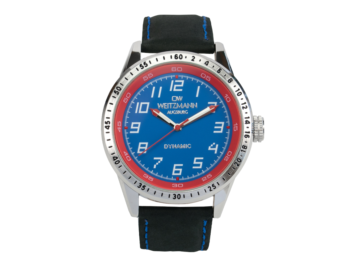 Dynamic, sportlich-elegante Herren-Uhr, blau/rot, Echtlederband schwarz