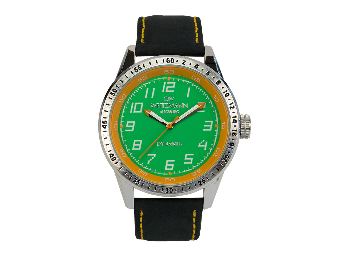 Dynamic, sportlich-elegante Herren-Uhr, grün/gelb, Echtlederband schwarz