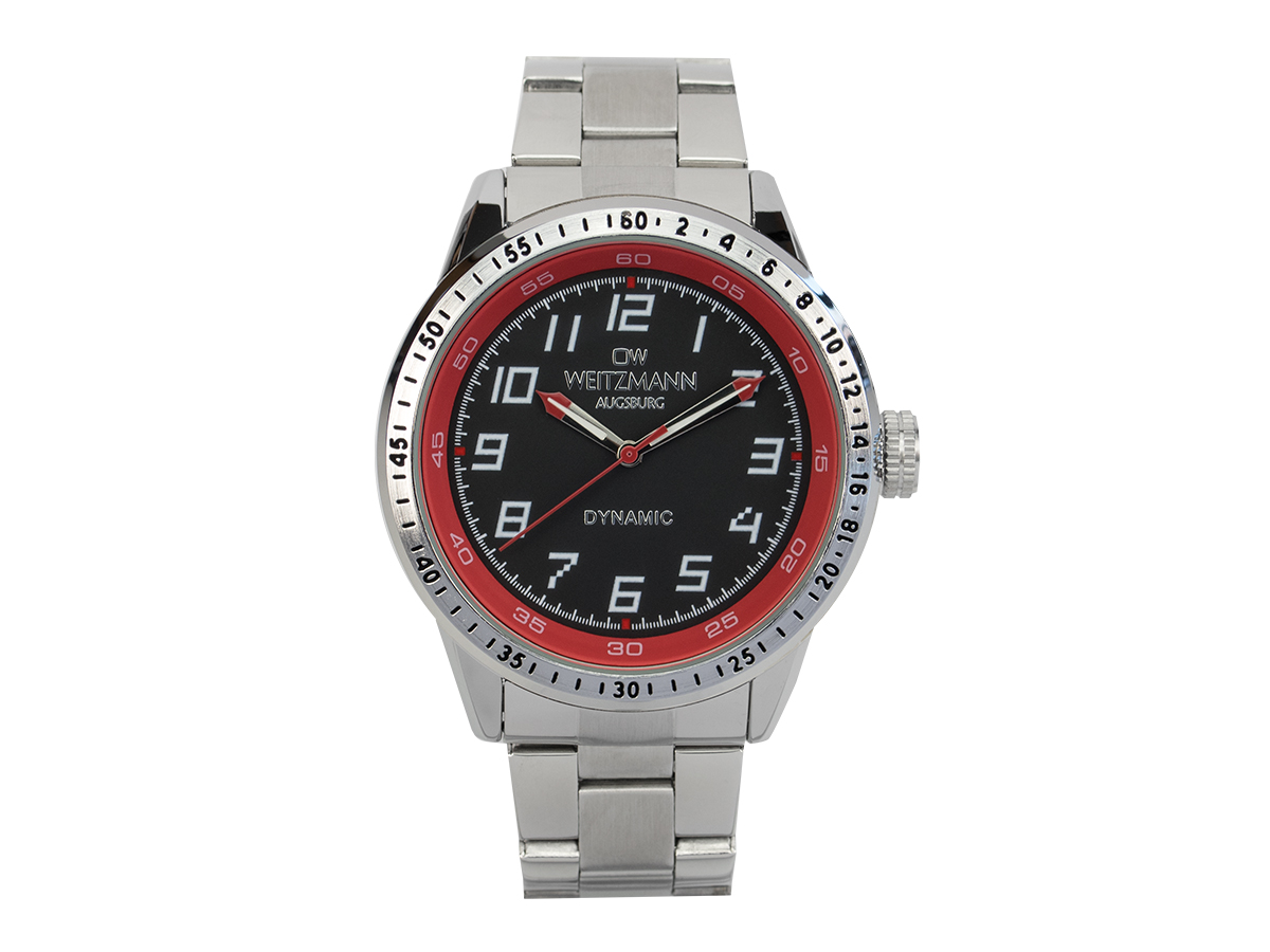 Dynamic, sportlich-elegante Herren-Uhr, schwarz/rot, Stahlband