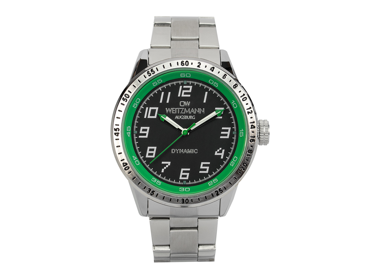 Dynamic, sportlich-elegante Herren-Uhr, schwarz/grün, Stahlband