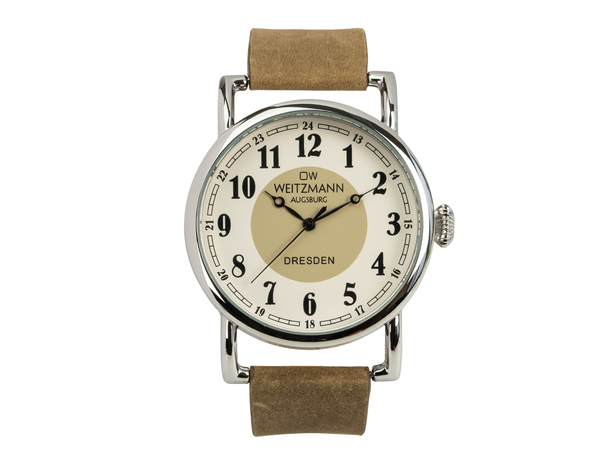 Dresden, nostalgische Vintage-Uhr, Echtlederband hellbraun