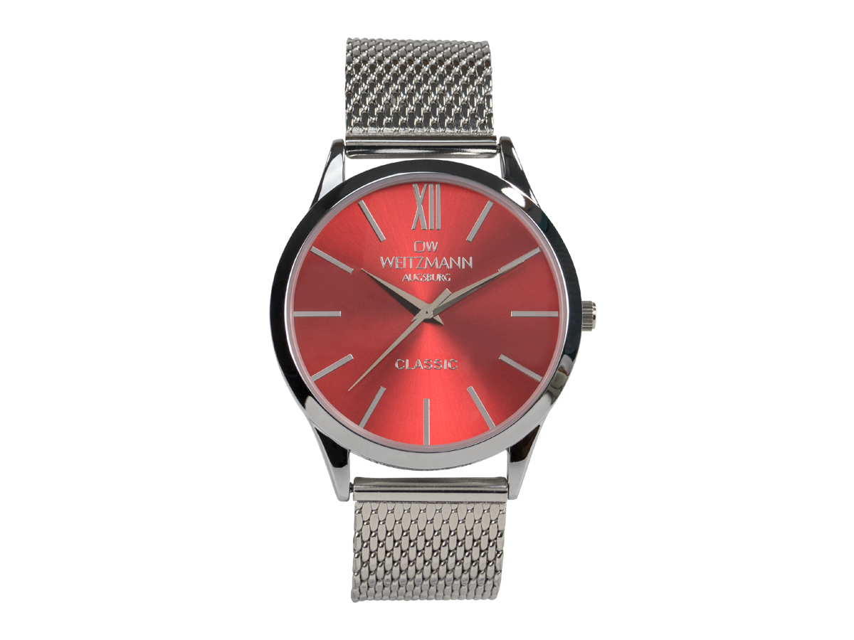 Classic, klassische Herren-Uhr, mit rotem Zifferblatt, Milanaiseband