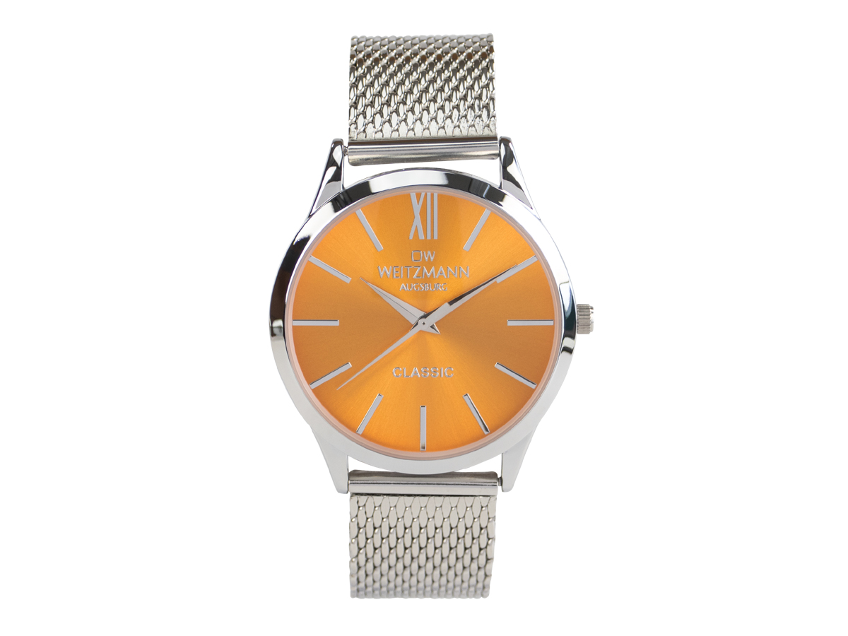 Classic, klassische Herren-Uhr, mit orangem Zifferblatt, Milanaiseband
