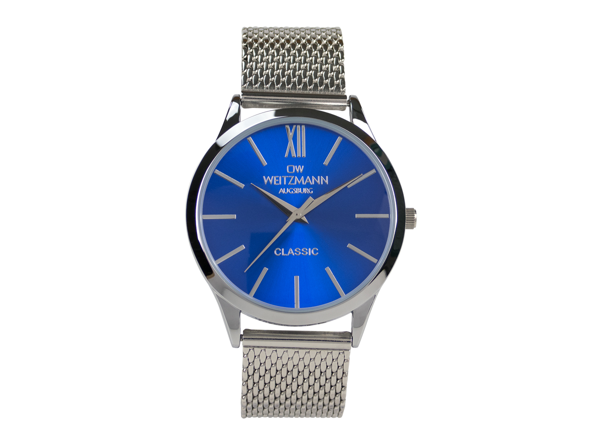 Classic, klassische Herren-Uhr, mit blauem Zifferblatt, Milanaiseband