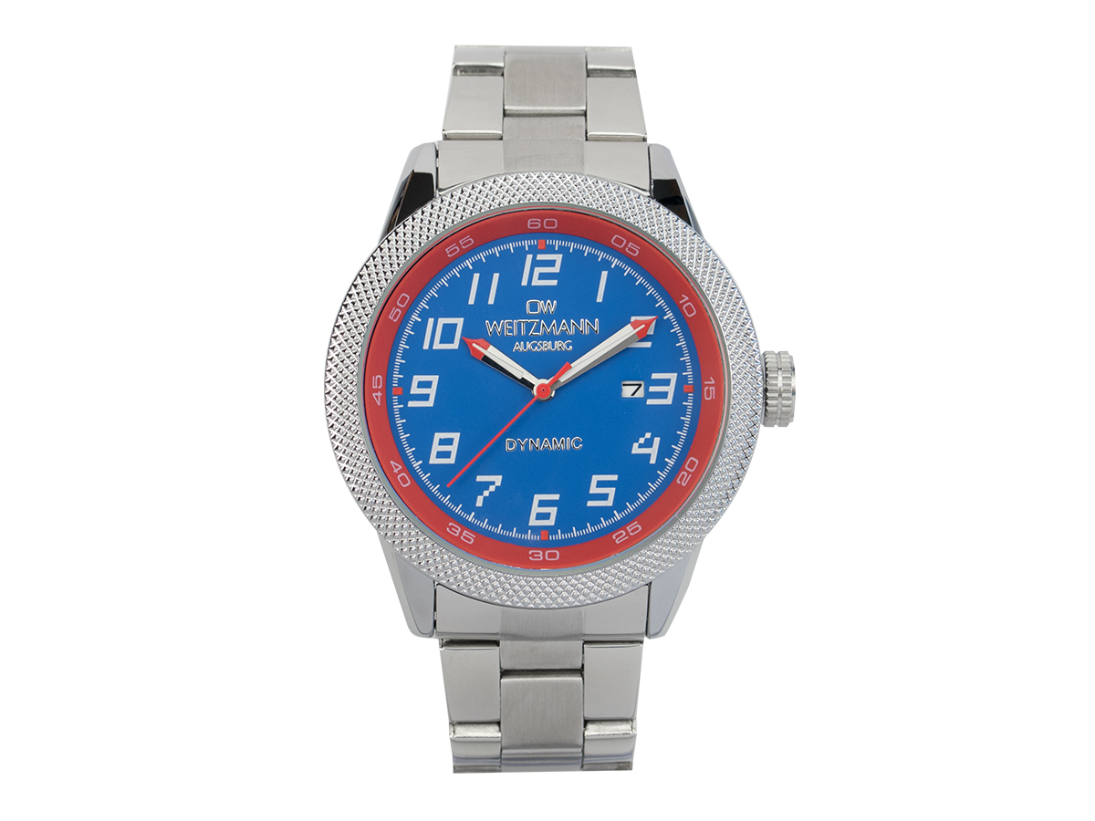Dynamic, sportlich-elegante Herren-Uhr, blau/rot, geriffelte Lünette, Stahlband