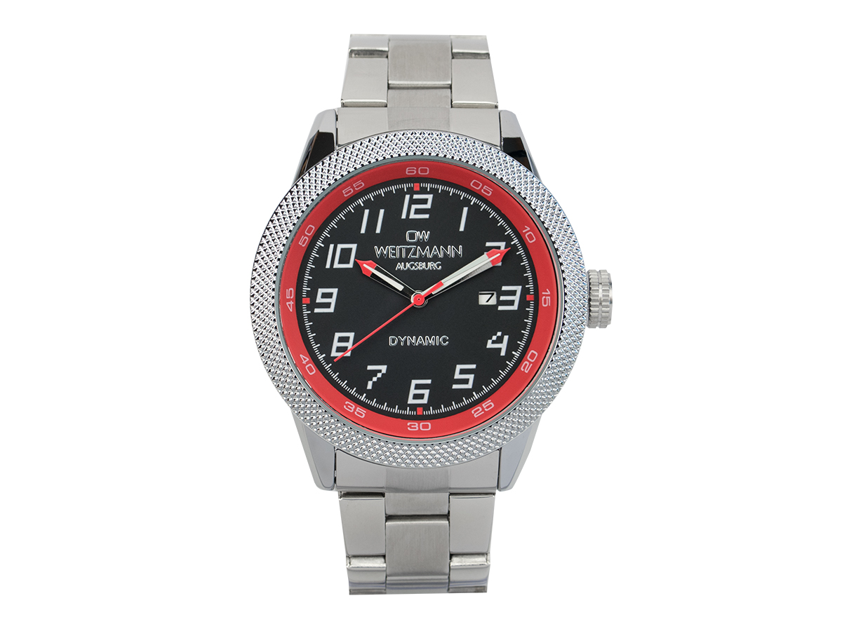 Dynamic, sportlich-elegante Herren-Uhr, schwarz/rot, geriffelte Lünette, Stahlband