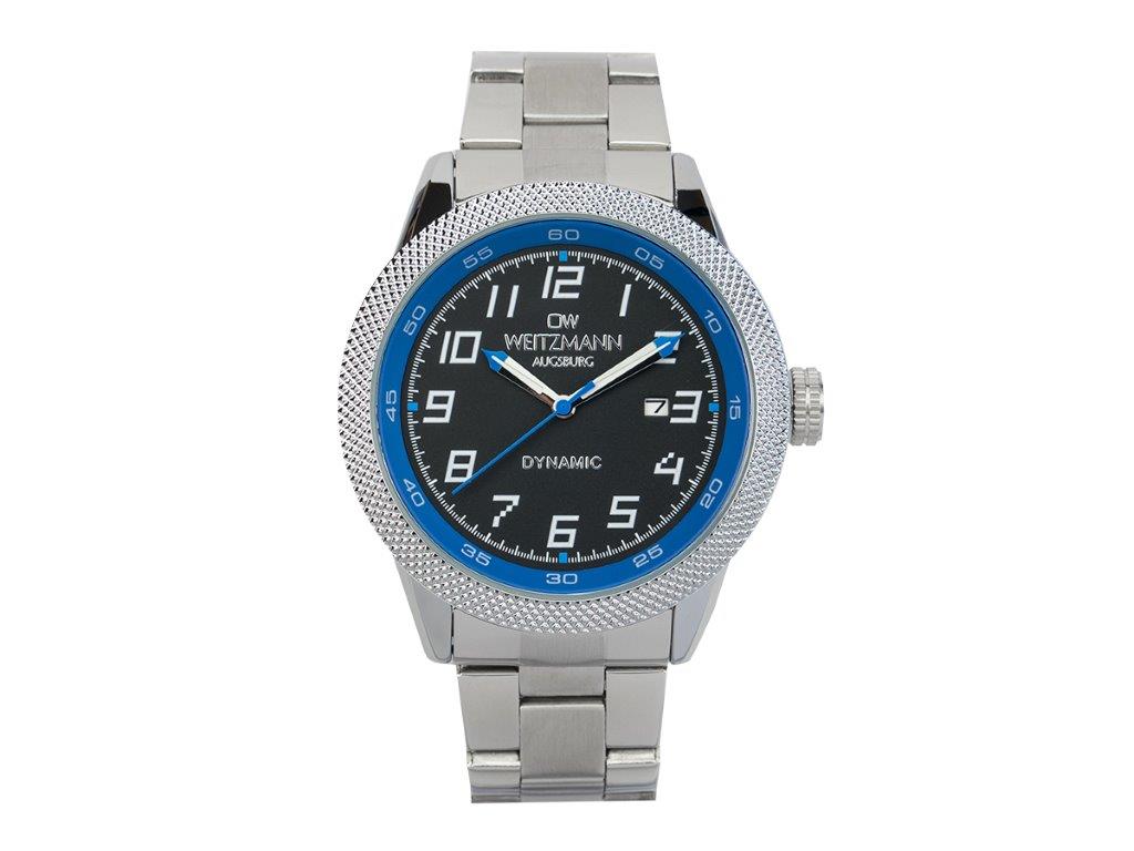 Dynamic, sportlich-elegante Herren-Uhr, schwarz/blau, geriffelte Lünette, Stahlband