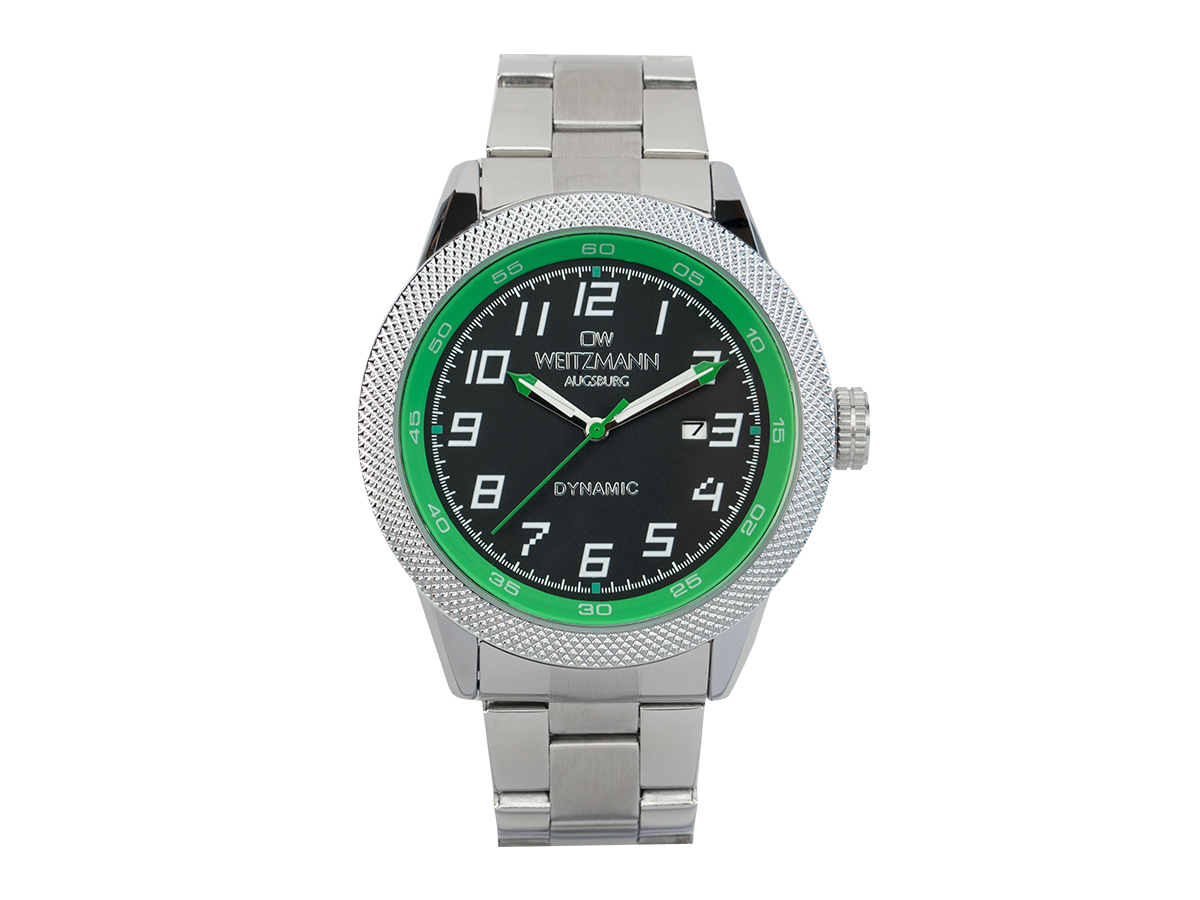 Dynamic, sportlich-elegante Herren-Uhr, schwarz/grün, geriffelte Lünette, Stahlband