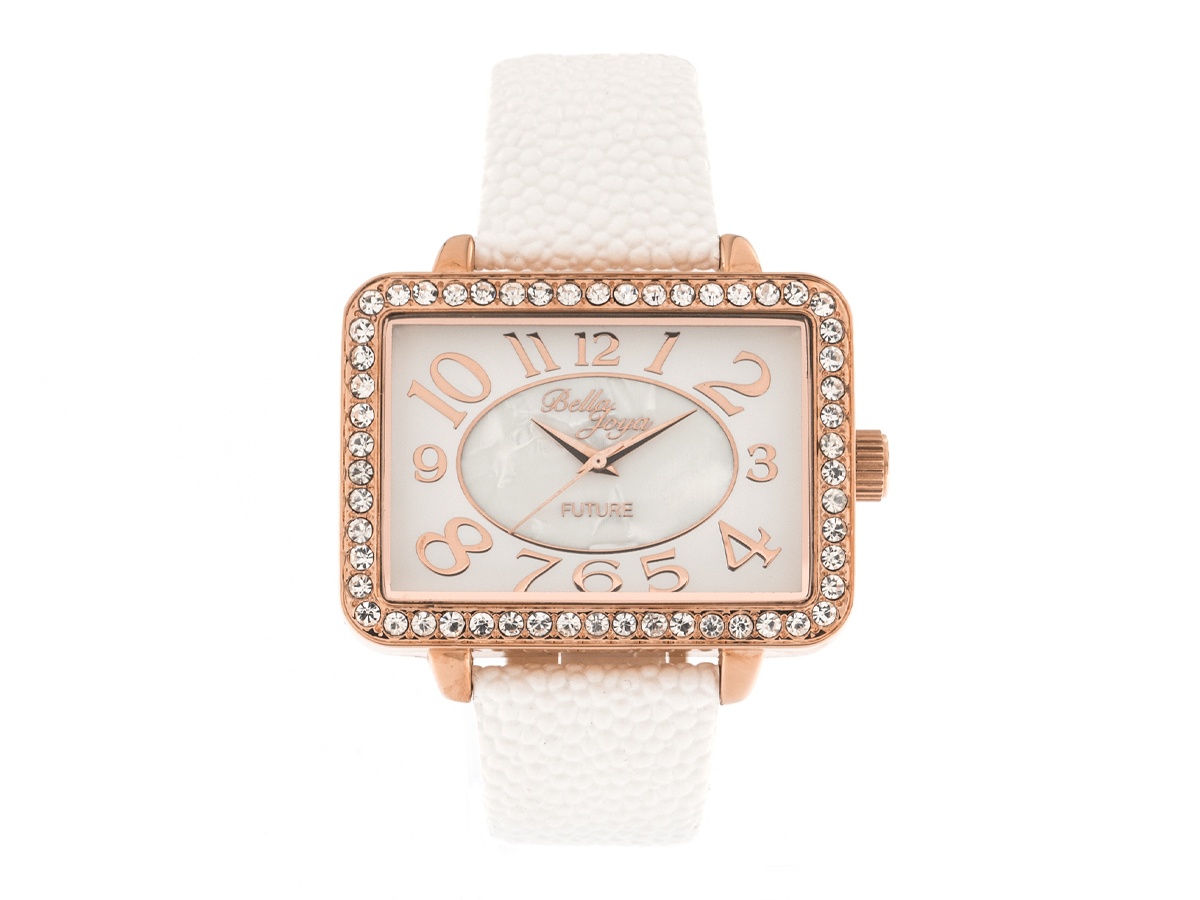 Trachtenuhr Future rotgold, Rochen-Struktur Echtlederband weiß