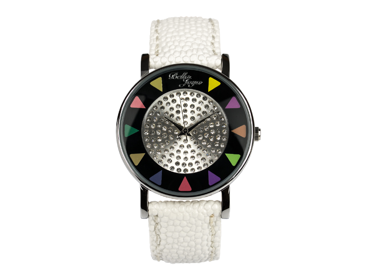 Ibiza schwarz, stylische Trend-Fashion-Uhr, Echtlederband weiß