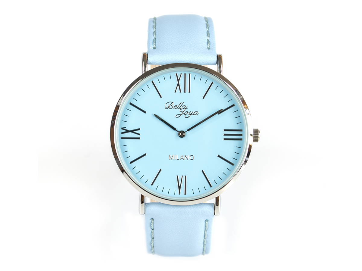 Milano, superflache Fashion-Uhr, Echtlederband hellblau