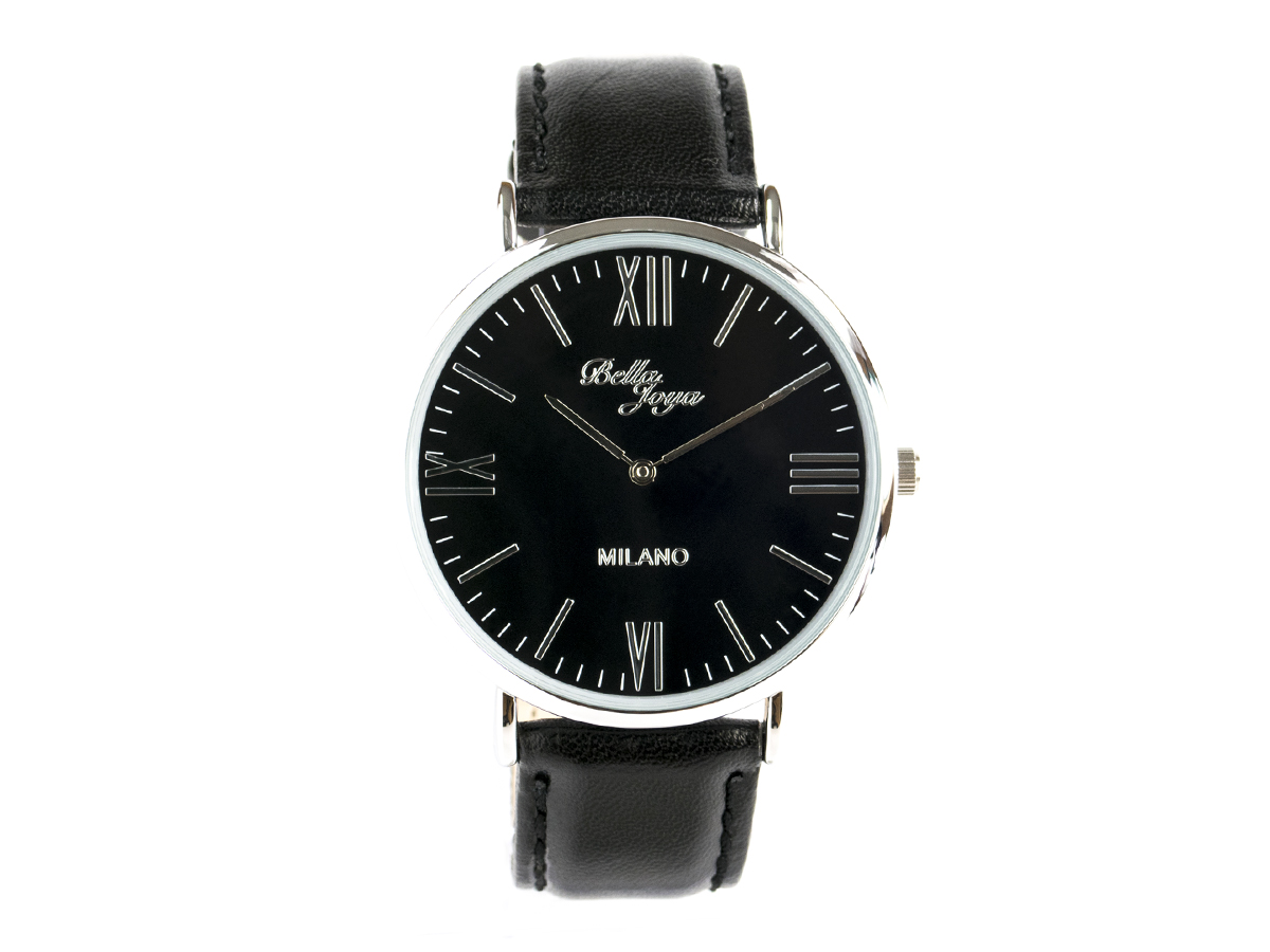 Milano, superflache Fashion-Uhr, Echtlederband schwarz